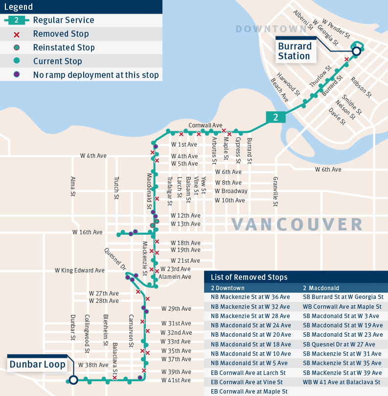Map displaying the consolidated and removed stops on the 2 Macdonald Downtown