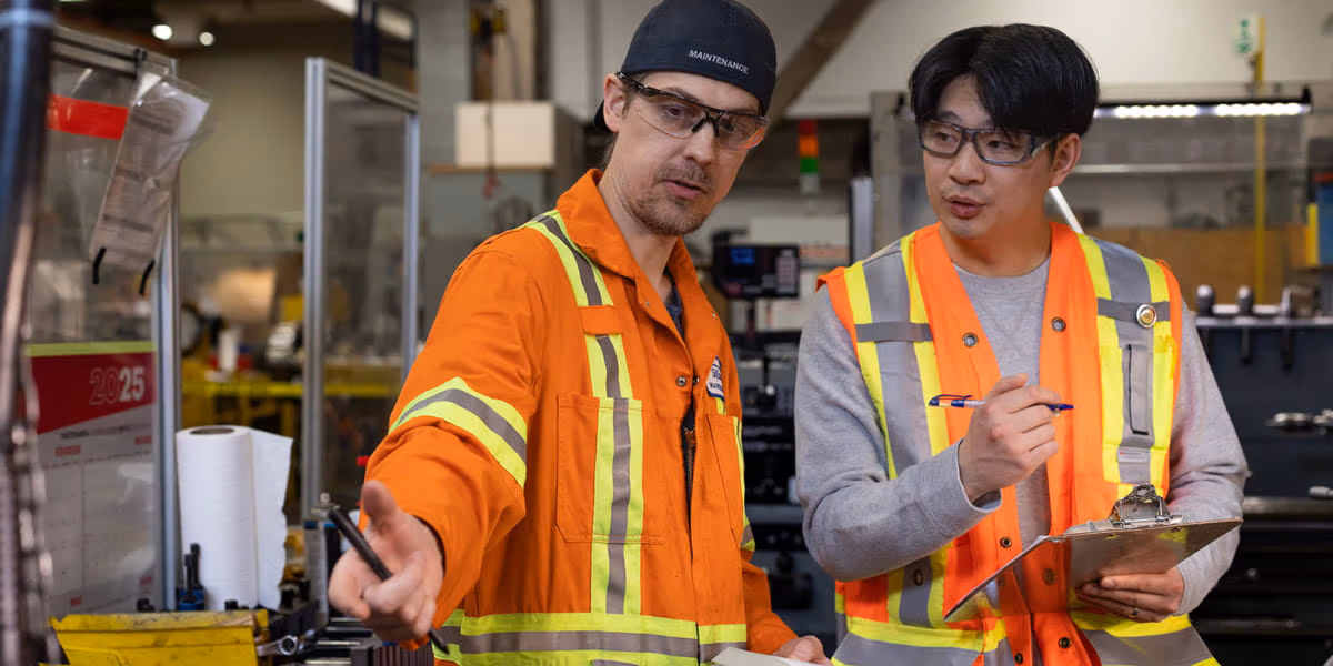 Safety technicians having discussion in high-vis clothing