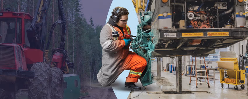 Worker repairing machinery, with forest and bus maintenance scenes.