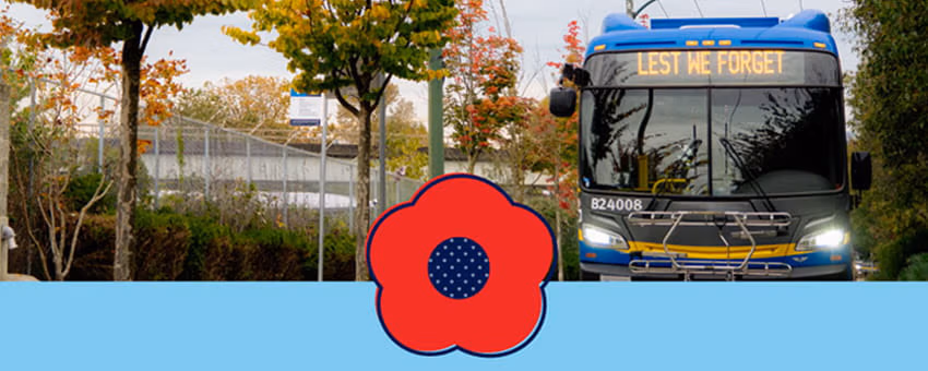 Bus with Lest We Forget sign aligned with one red poppy illustration