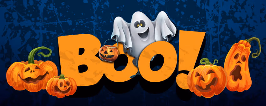 Ghost and pumpkins around the word ‘Boo!’ on a dark background