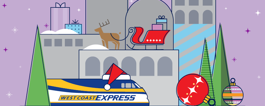 Holiday cityscape with gifts, ornaments, sleigh, and West Coast Express Santa Train in festive colors.