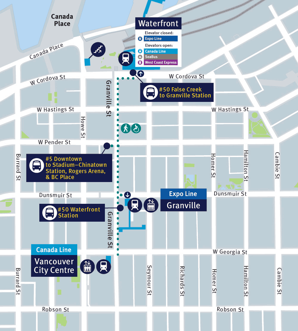 Bi-directional Detour map for Waterfront Station Elevators