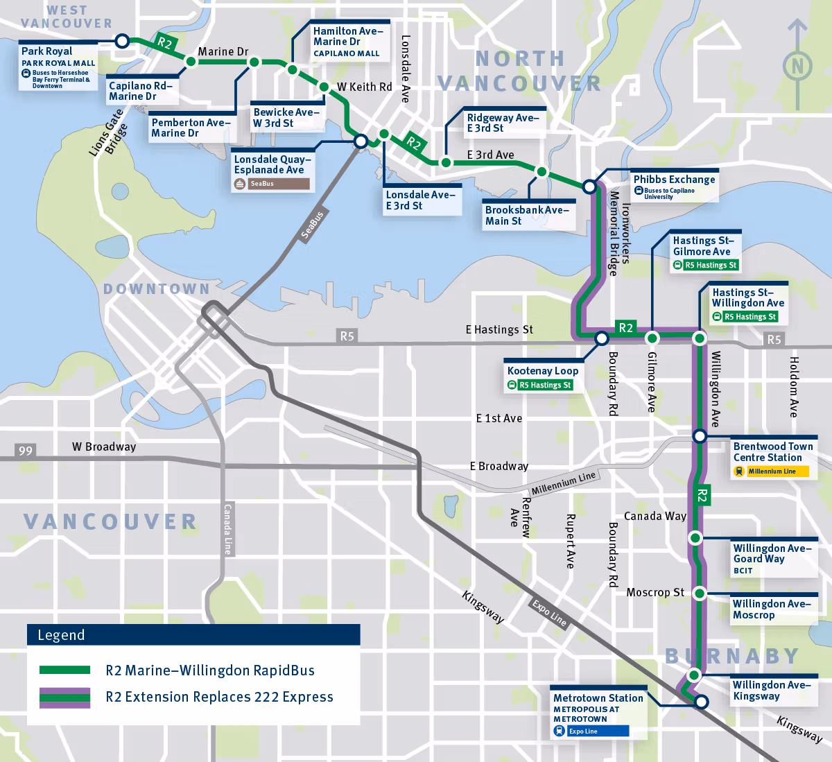 Map showing the R2 Marine-Willingdon RapidBus route and proposed R2 extension in Metro Vancouver. The existing R2 route (green) runs from Park Royal in West Vancouver through North Vancouver, Phibbs Exchange, Kootenay Loop, Brentwood Town Centre, BCIT, and Metrotown Station. A purple overlay highlights the extension that would replace the 222 Express service between Phibbs Exchange and Metrotown along Hastings Street and Willingdon Avenue.