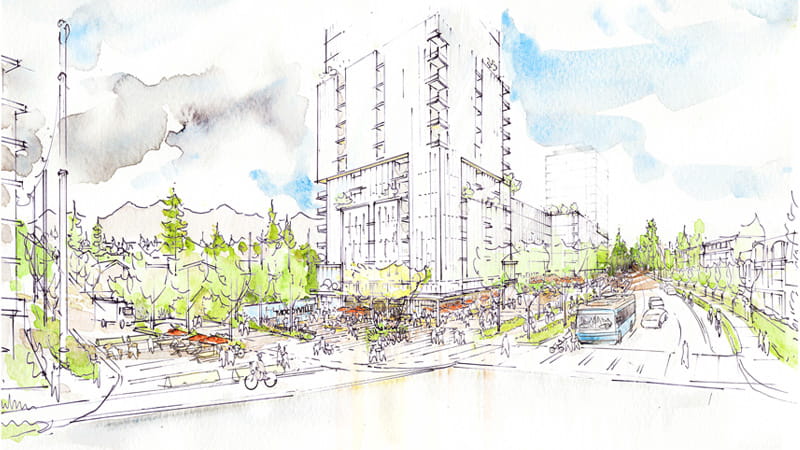 Watercolour sketch rendering of Moodyville real estate project