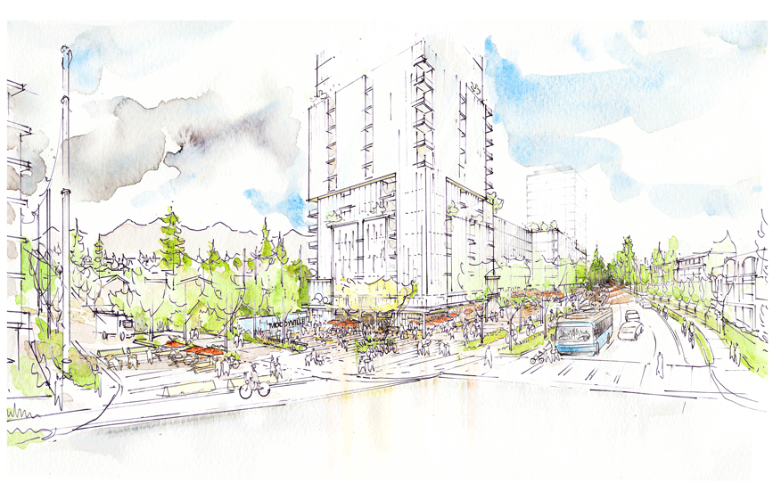 Watercolour sketch rendering of Moodyville real estate project