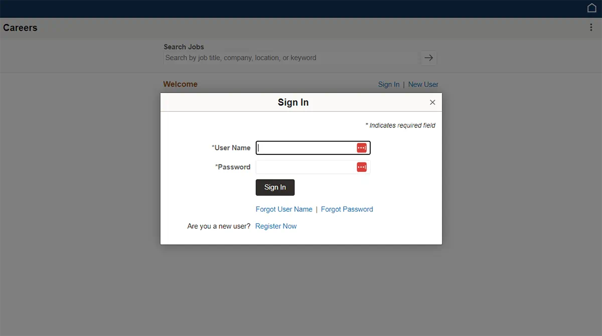 A screenshot of the careers sign in screen