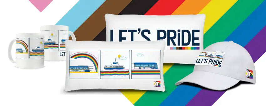 Pride collection branded TransLink pillows, mugs, and hat
