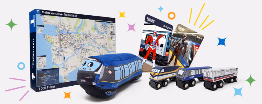 Various products found at the TransLink Store, like stuffies, mugs and puzzles