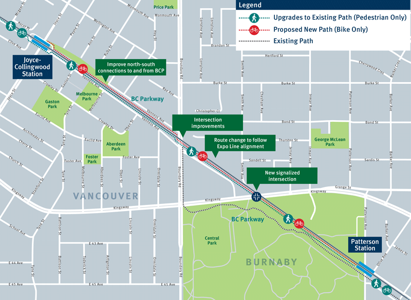 Map of proposed BC Parkway Upgrades between Joyce-Collingwood and Patterson SkyTrain stations