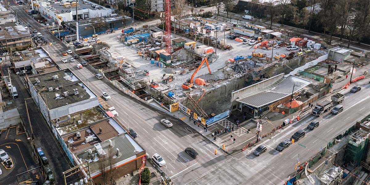 Aerial drone shot of the construction at Cambie-City Hall Station