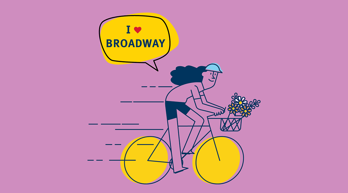 Illustration of a person riding a bike with a speech bubble above their head saying "I love Broadway"