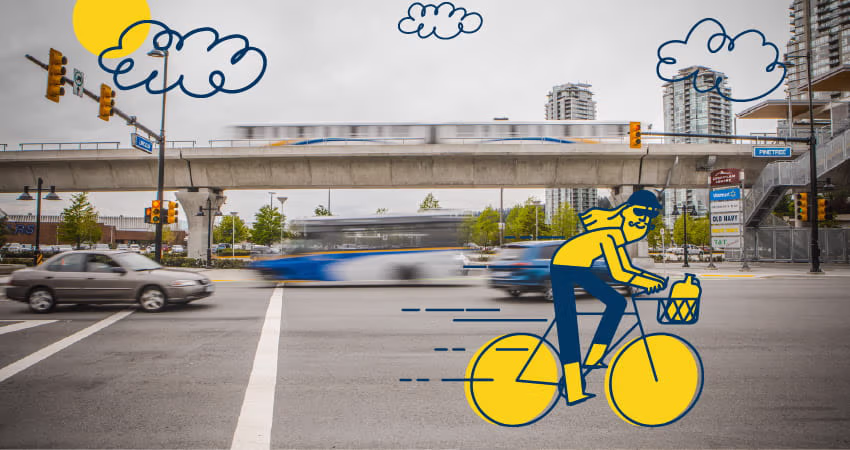 Illustration of a cyclist superimposed on top of a photograph of a bus and SkyTrain in Coquitlam