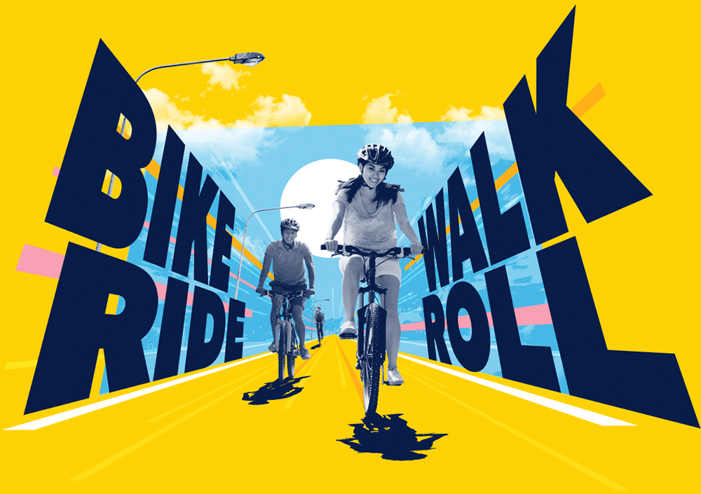 Illustration of two friends cycling, with the words BIKE, RIDE, WALK, ROLL in bold lettering behind them