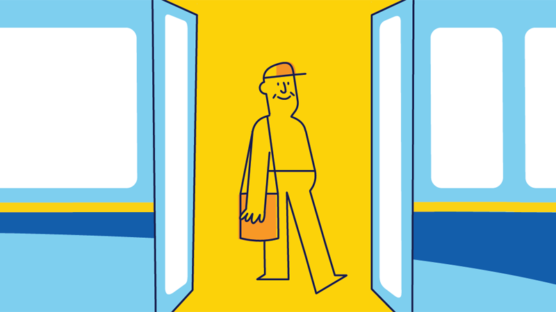 A SkyTrain door is open, with one passenger waiting to board.