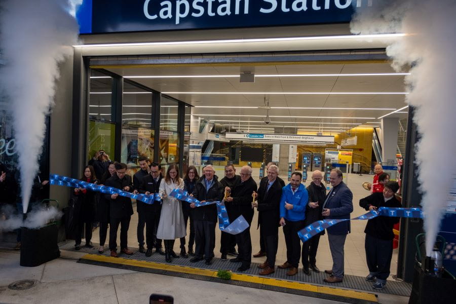 Ribbon-cutting with dignitaries at opening of Capstan Station